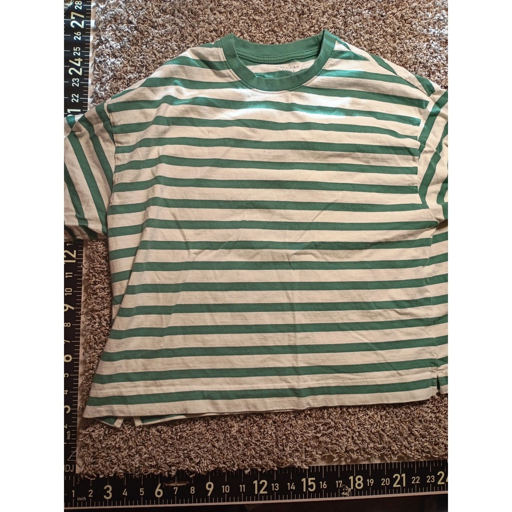 American Eagle Mens Green White Striped Long Sleeve T-Shirt Large Relaxed Fit